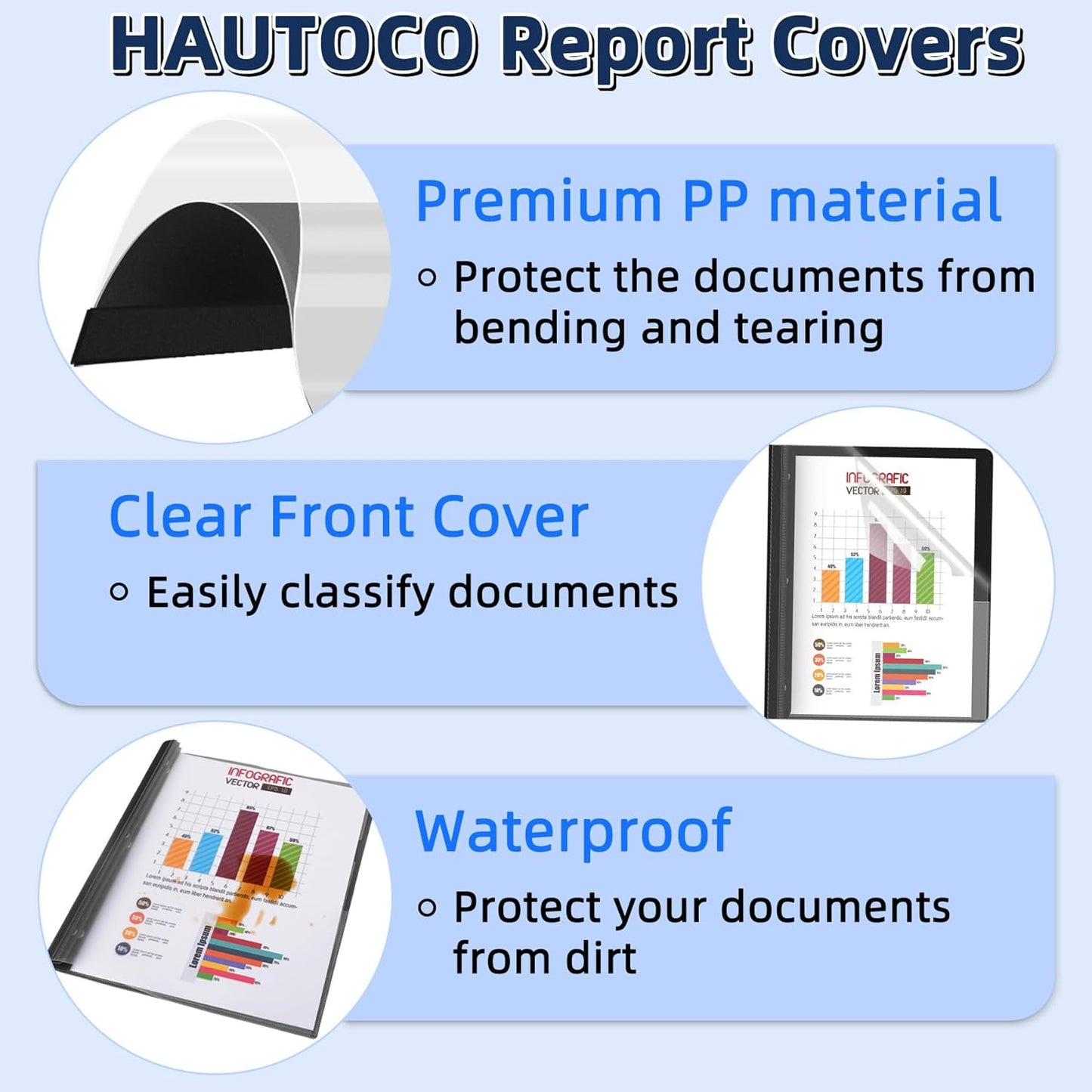 HAUTOCO 12 Pack Plastic Report Covers with 3-Prong Fasteners Clear Front Resume Portfolio Folder for 8.5x11 Letter Size Paper, Presentation Document Report Folders for Office School Use, Black