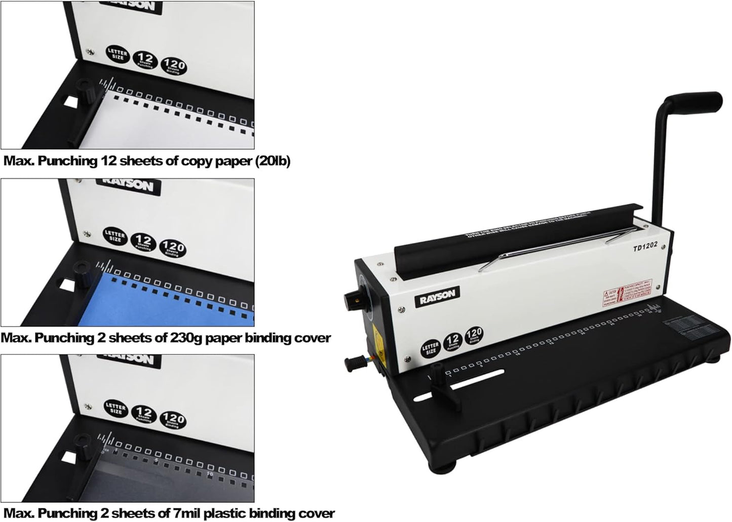 Rayson TD1202 Binding Machine, 3:1 Pitch Wire Binder, Punching 12 Sheets/Binding 120 Sheets with Sturdy Metal Construction