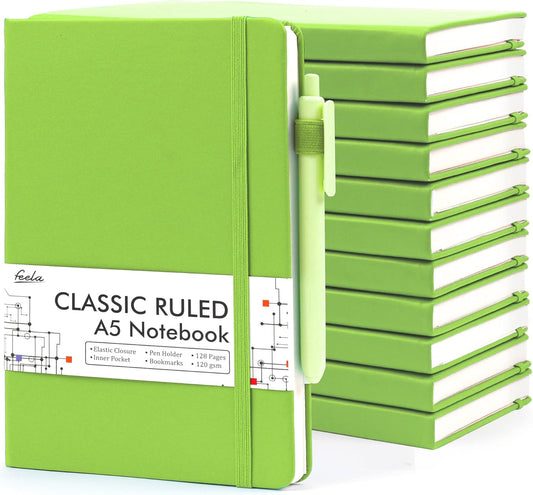 feela 12 Pack Notebooks Journals Bulk, Hardcover Notebook Classic Ruled Lined Journals with Pen Holder for Women Girls School Business Supplies, with 12 Black Pens, 120 GSM, 5.1”x8.3”, A5, Green