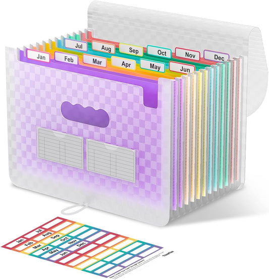 ThinkTex Accordion File Organizer, 12 - Pocket Expanding File Folders for Paper Receipts, Bills&Taxes Organizer, Letter/A4 Size Document Holder for School, Office, Home with Colorful tabs-Purple