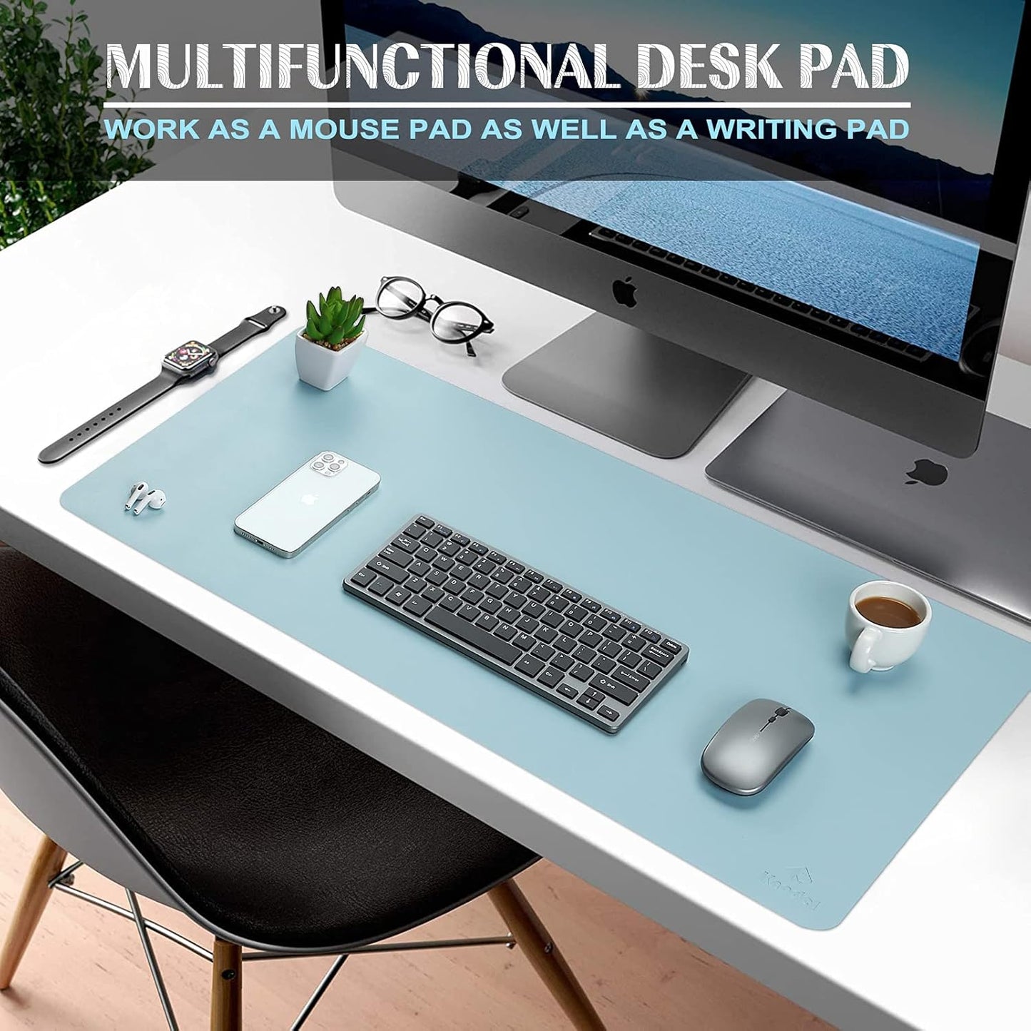 K KNODEL Large Office Leather Desk Mat, Mouse and Keyboard Pad, Computer and Laptop Mat, Desktop Protector and Cover, Writing Pad and Blotter (35.4"x17", Light Blue)