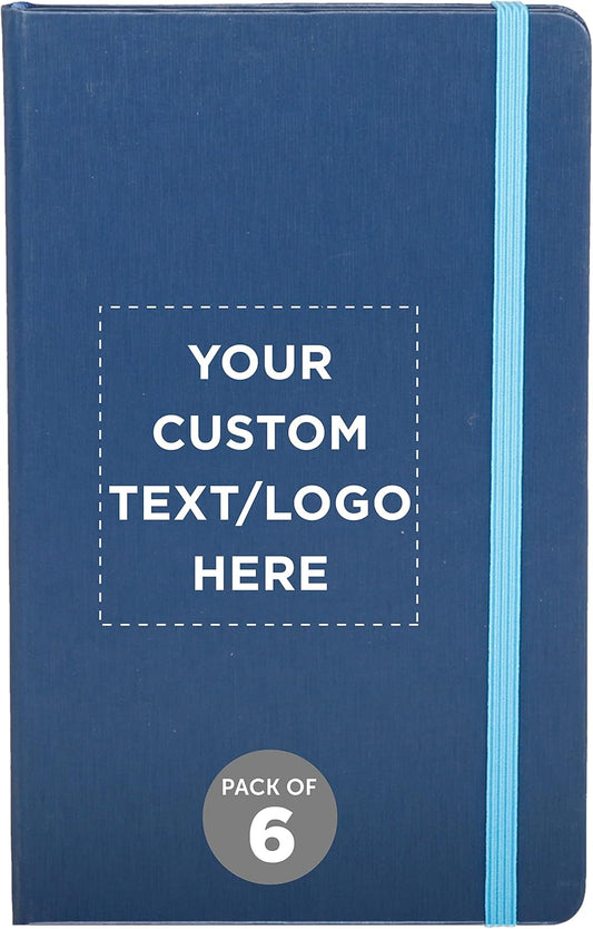DISCOUNT PROMOS Custom Hardcover Notebook Journals with Elastic Colored Band Set of 6, Personalized Bulk Pack - Perfect for School, Office, Home - Blue