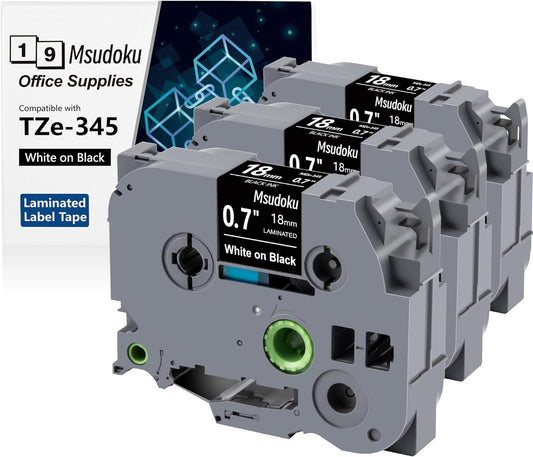 Tze Tz Tape 18mm 0.7 Laminated Black Compatible for Brother P Touch Label Maker Tape TZe-345 TZe345 Label Tape for PT D400 D600 D610 P710BT, White on Black, 3/4 Inch x 26.2 Feet, 3-Pack