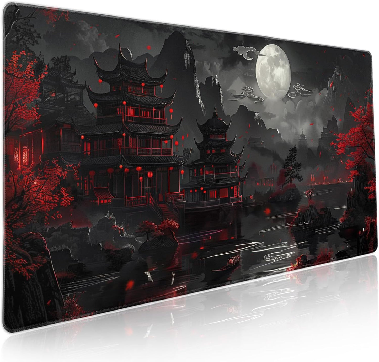 Full Moon Night Gaming Mouse Pad XXL Black Red Mountain Japanese Extended Large Mat Mousepad Desk Pad Non-Slip Rubber Base Stitched Edge Keyboard Pad Playmat for Computer,35.4×15.7 Inch