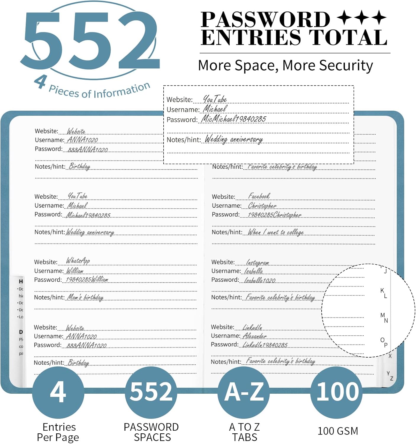 Password Book with Alphabetical Tabs, 5.4"x7.8"Password Keeper Book, 160 Pages/100GSM Hardcover Notebook, Password Organizer for Internet Website Address Login