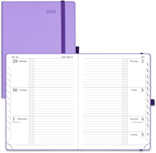 POPRUN 2026 Weekly Planner (Medium 6.75" x 8.75") 12 Months Calendar Notebook with Horizontal Layout, Leather Hardcover, Inner Pocket, 100GSM Thick Paper, Pen Holder - Lavender
