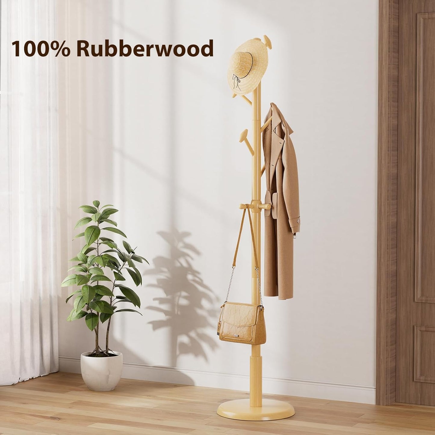 Solid Wood Coat Rack Freestanding Coat Tree with 10 Hooks for Bedroom, Livingroom, Entryway, Sturdy Coat Hanger Stand for Hats, Coats, Scarves, Handbags, Purses