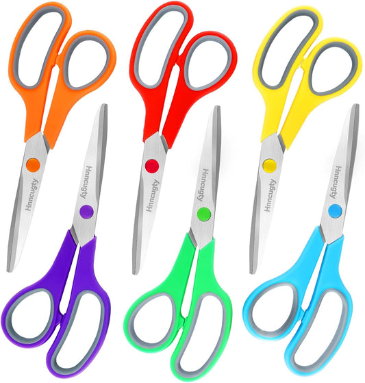 Scissors, Hnncugty 8" Scissors All Purpose Bulk Set of 6-Pack, Sharp Shears for Office Home Craft Sewing Fabric, High/Middle School Supplies Student Teacher Supplies, Comfort Grip Right/Left Handed