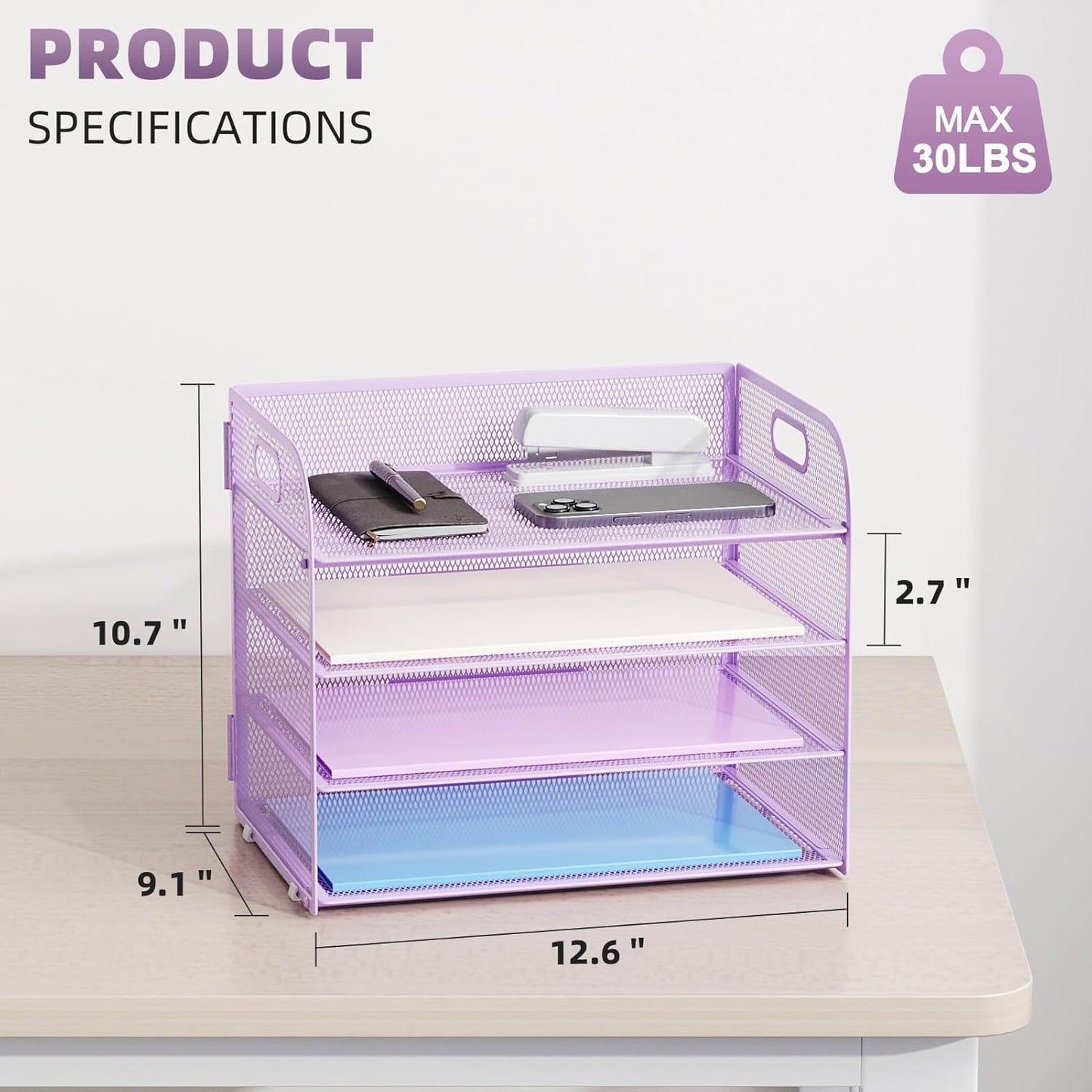 Marbrasse 4 Tier Paper Organizer Letter Tray - Mesh Desk File Organizer with Handle, Paper Sorter Organizer for Letter/A4 Office File Folder Holder (Purple, 12.6" x 9.1" x 10.7")