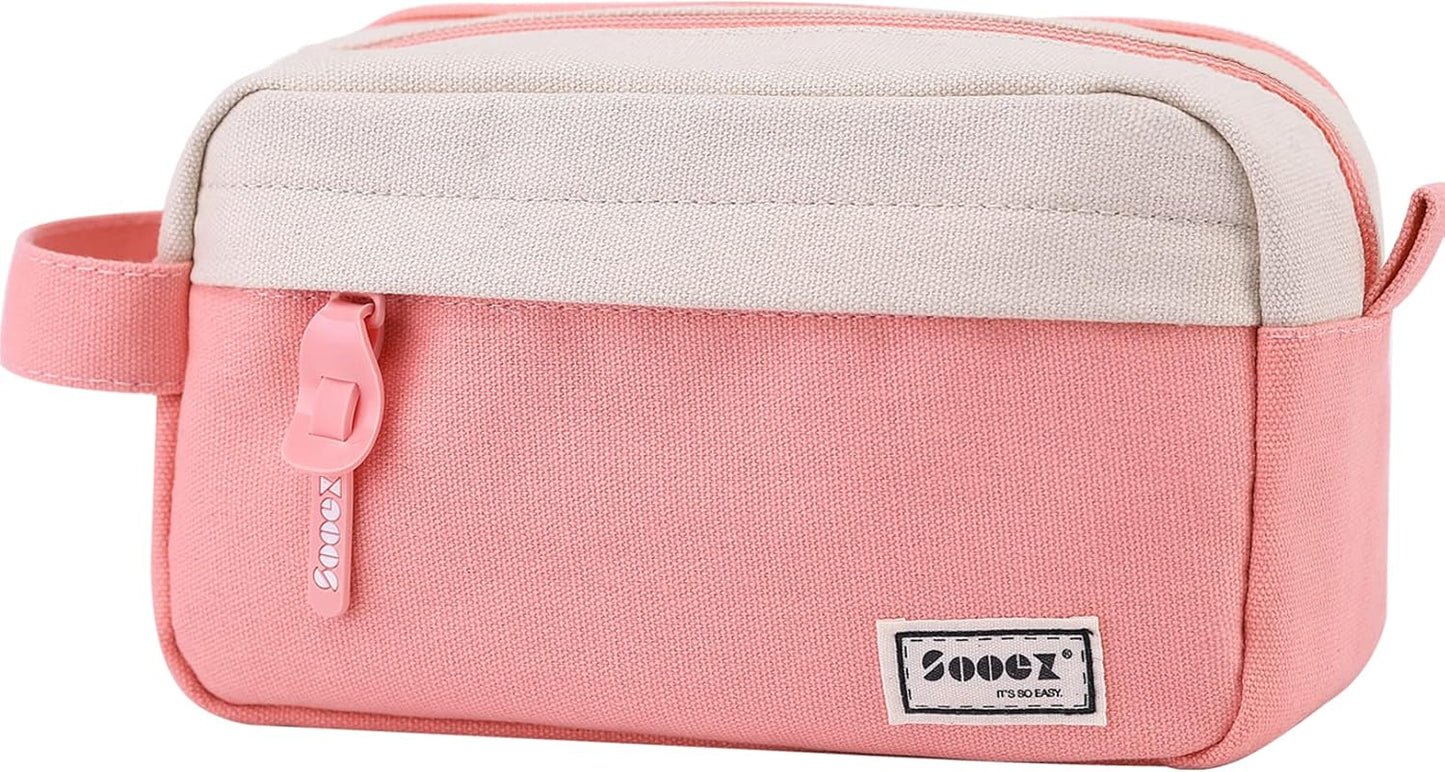 Sooez Big Capacity Pencil Case, Upgraded Canvas Pencil Pouch Large Pencil Bag Organizer, Separate Compartments Easy Grip Handle, Aesthetic Supply for School Teens Adults, Pink Pen Case