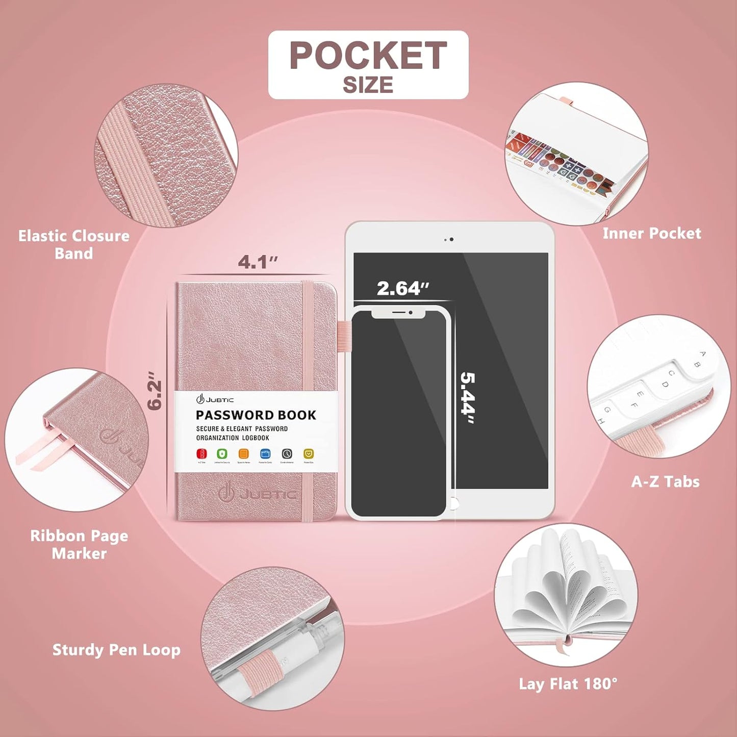 JUBTIC Password Book with Alphabetical Tabs, Small Size Internet Address & Password Keeper Logbook, Password Notebook Journal for Computer & Website Logins, Rose Gold