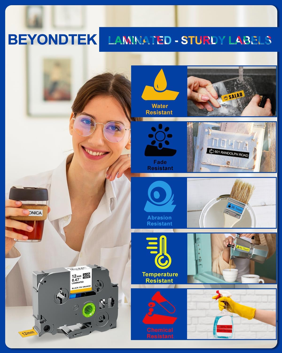 6Pk Replace for Brother Label Maker Tape Work with Brother P Touch Label Tape 12mm 0.47 Laminated Colored TZ 1/2" TZe-B31 TZe-335 TZe431-731 for PT-H103w H110 D210 D400 1180 1280 1890 2040,8m 26.2ft