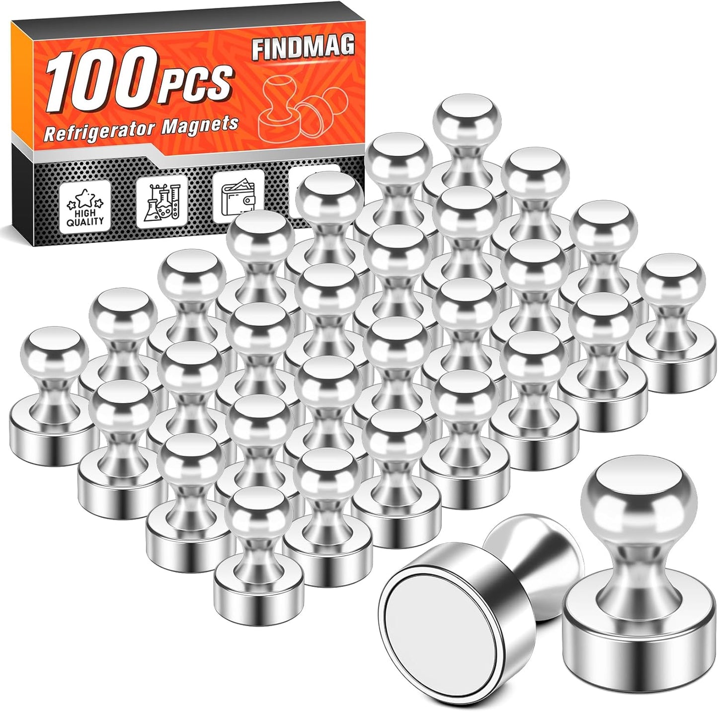 FINDMAG 100Pcs Fridge Magnets, Strong Neodymium Push Pin Magnets for Whiteboard, Ideal for Refrigerator, Kitchen, Classroom, Locker Accessories (Sliver)