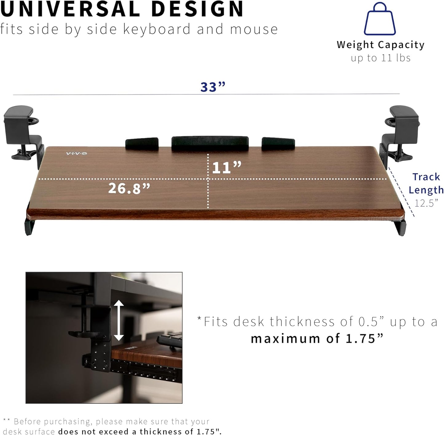 VIVO Large Height Adjustable Under Desk Keyboard Tray, C-clamp Mount System, 27 (33 Including Clamps) x 11 inch Slide-Out Platform Computer Drawer for Typing, Dark Walnut, MOUNT-KB05HD