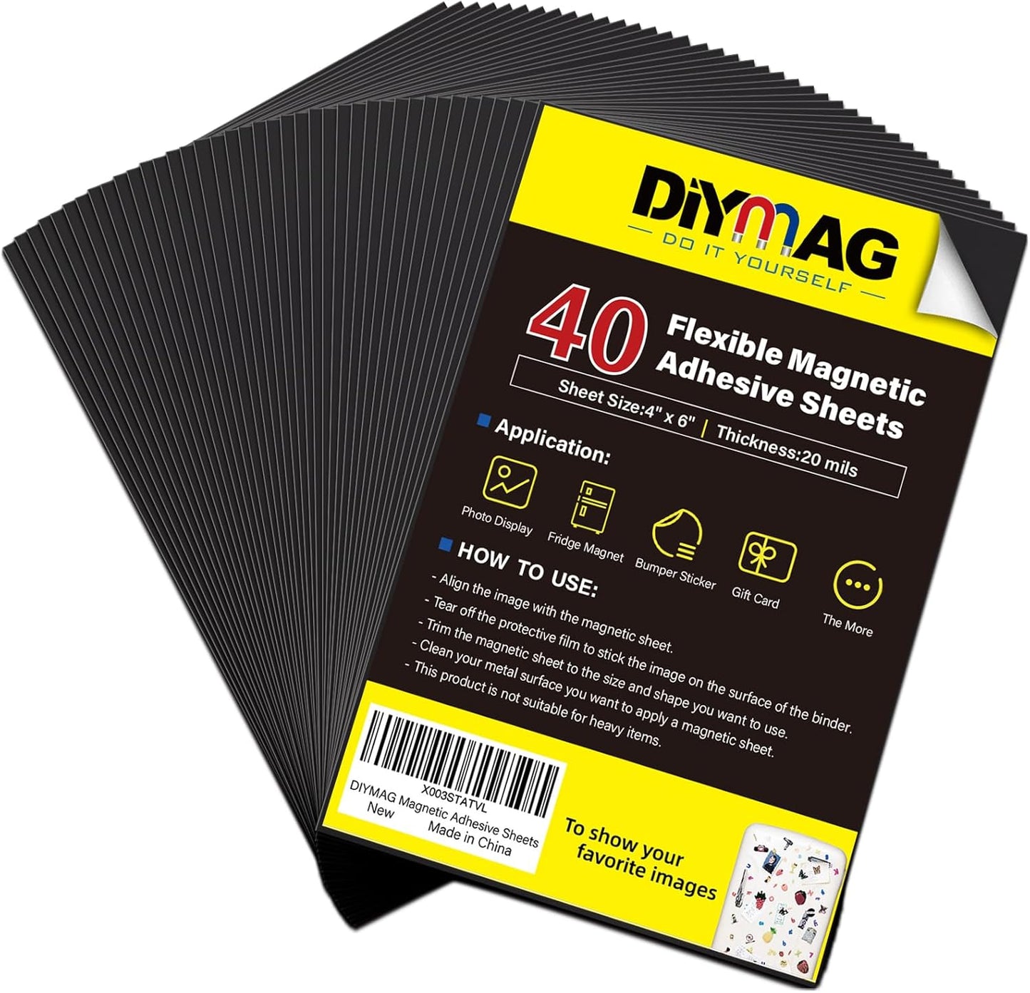 DIYMAG Magnetic Adhesive Sheets, |4" x 6"|, 40 Pack Cuttable Magnetism Sheet, Flexible Magnet with Adhesives for Crafts, Photos, Easy Peel and Stick