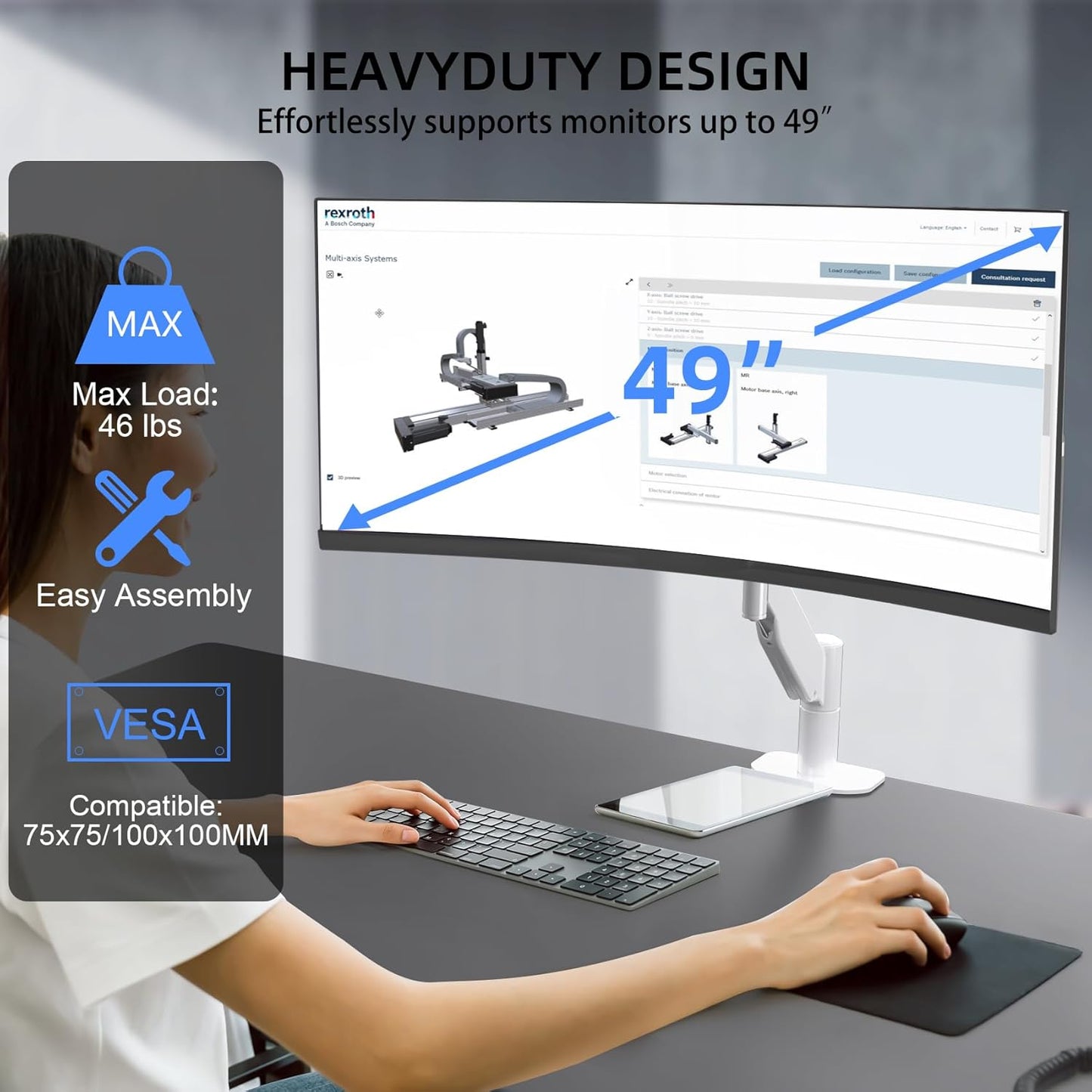 Suptek Ultrawide Monitor Arm Mount for 17 to 49 Inch Heavy Duty Curved Screen,Holds 46.2 lbs,Adjustable Gas Spring Monitor Arm Desk Mount Stand,75/100 Vesa Mount,White(MD71LW)