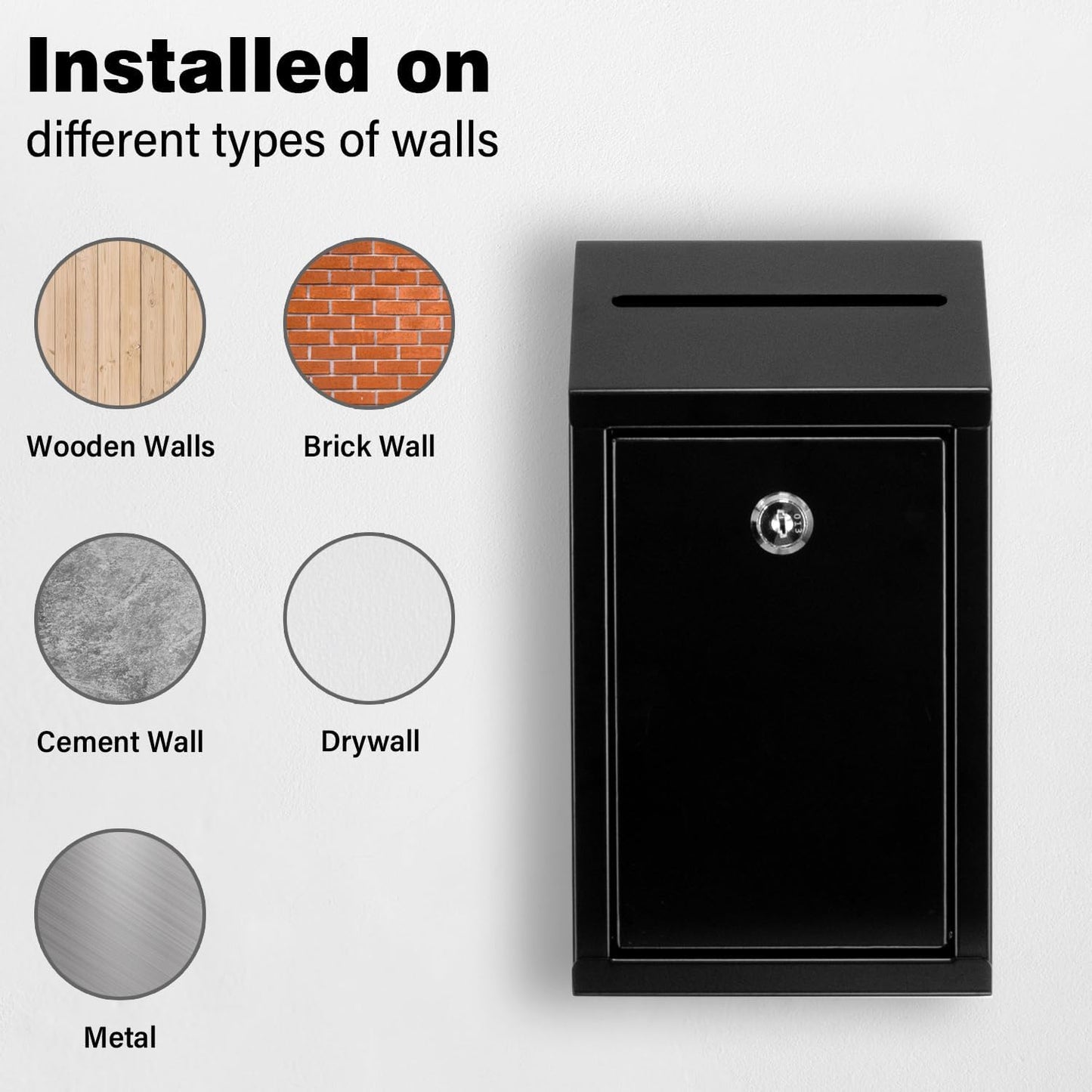 Metal Donation Box with Lock, Wall Mounted, Suggestion Box with 4 Iron Keys, Black, Cash Drop Box with Slot, 1-Pack