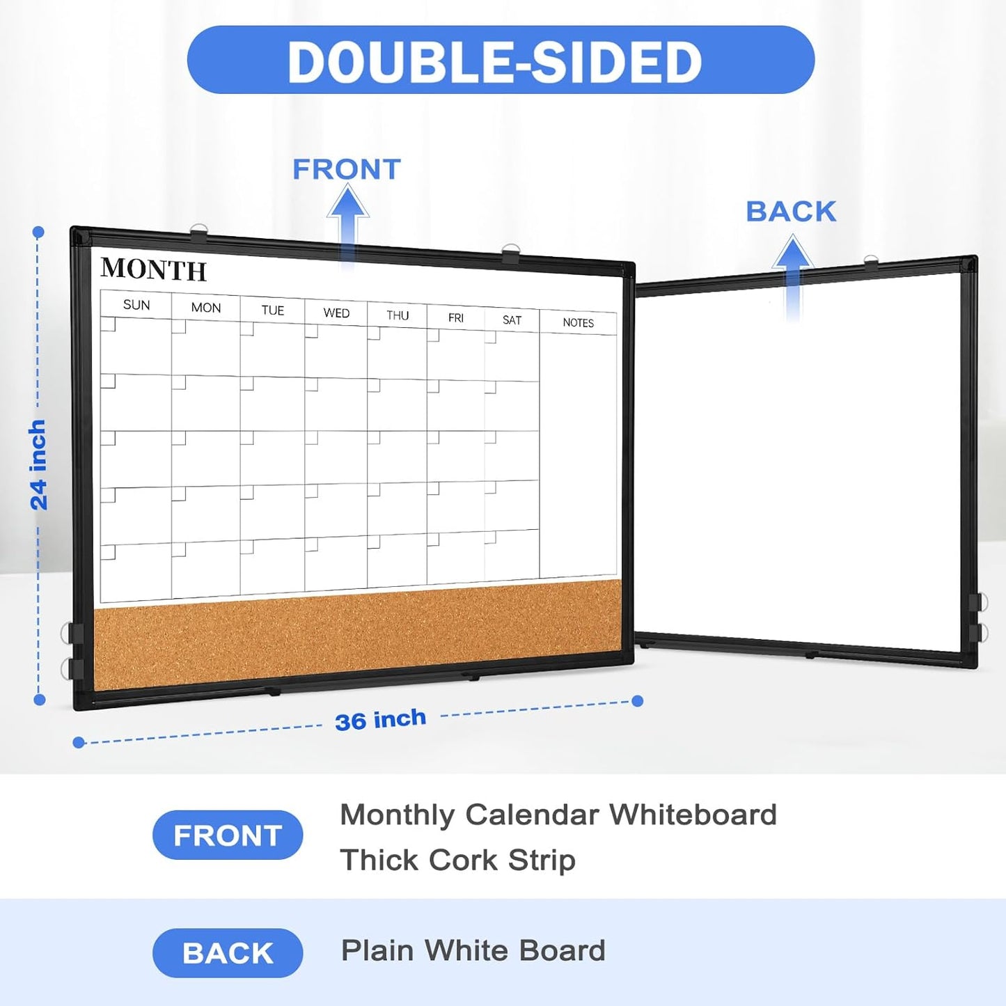 Monthly Calendar Whiteboard Dry Erase Cork Board Combo for Wall, 36" x 24" Magnetic Double-Sided Calendar White Board and Bulletin Board, Portable Board for Office, Kitchen, School, Home