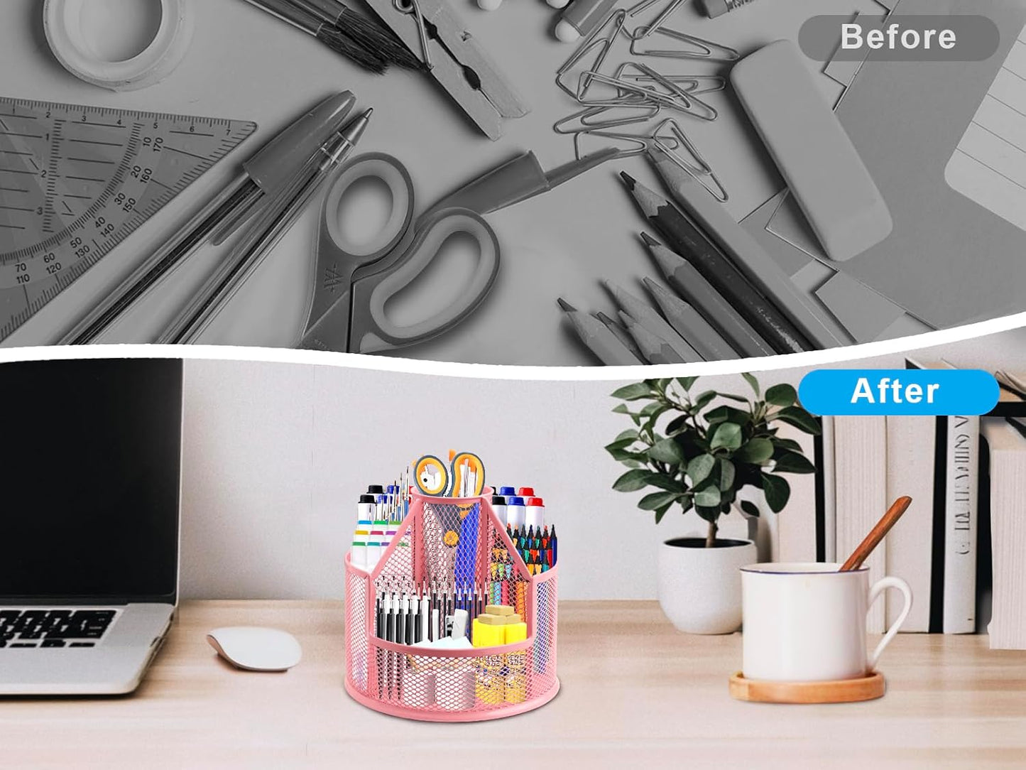 Sturdy Rotating Pen Holder, Cute Metal Pencil Holder, Large Mesh Pen Organizer for Desk, Premium Friendly Office Desk Accessories & Workspace Organizers, Pink