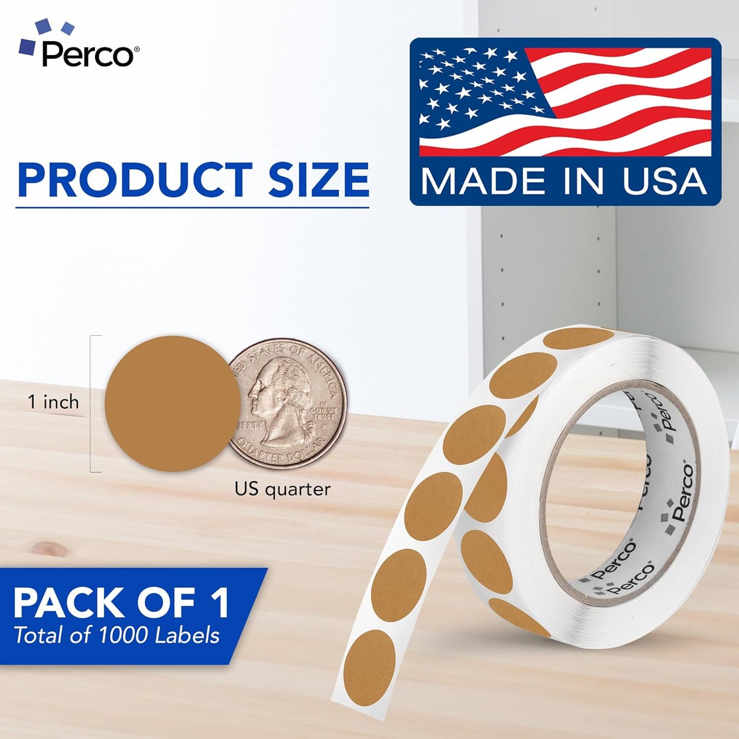 Perco Kraft Brown 1-Inch Round Circle Dot Sticker Labels with Strong and Permanent Adhesive - 1,000 Labels per Roll - Natural, Cardboard-Like Surface - Made in USA