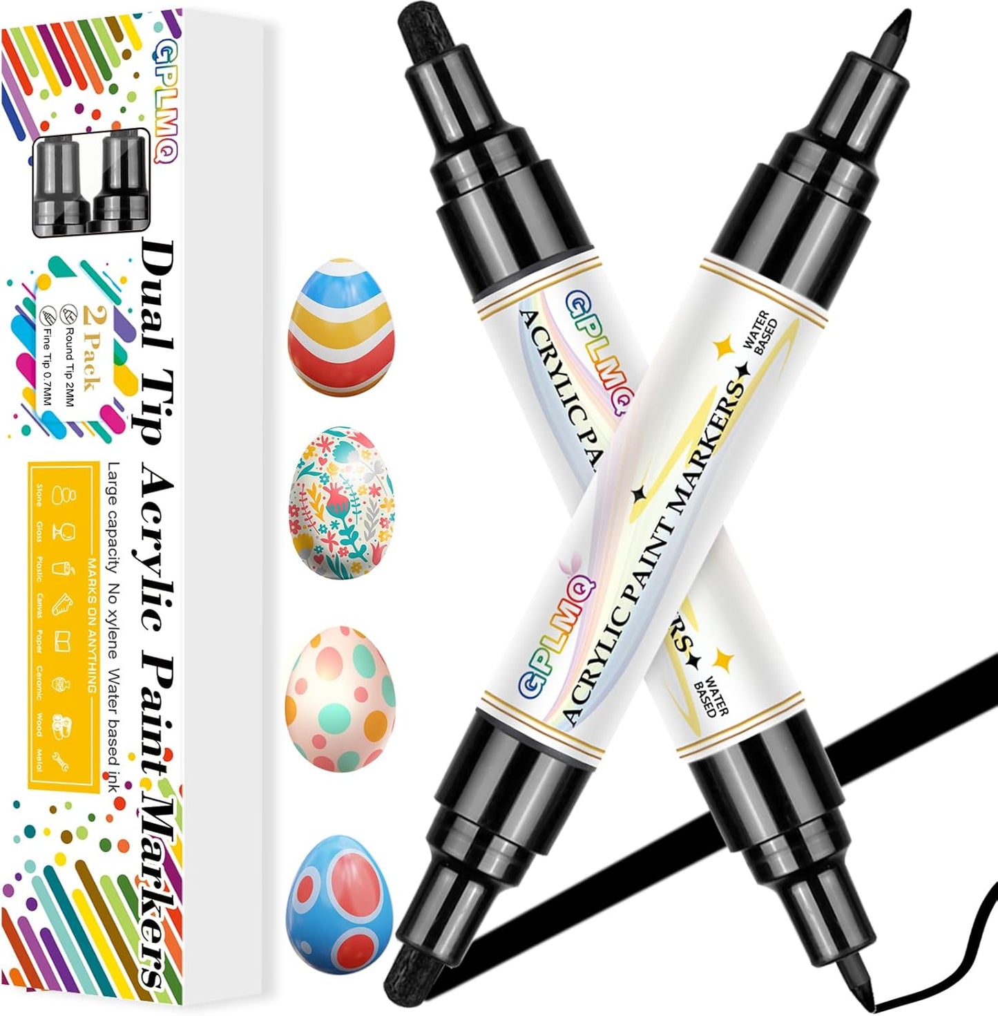 Paint Markers Paint Pens - 2 Pack Dual Tip Acrylic Permanent Marker (0.7mm & 3mm), Non-Toxic, Water-Based for Art Painting, Stone, Ceramic, Glass, Wood, Fabric, Metal, DIY Crafts (Black)