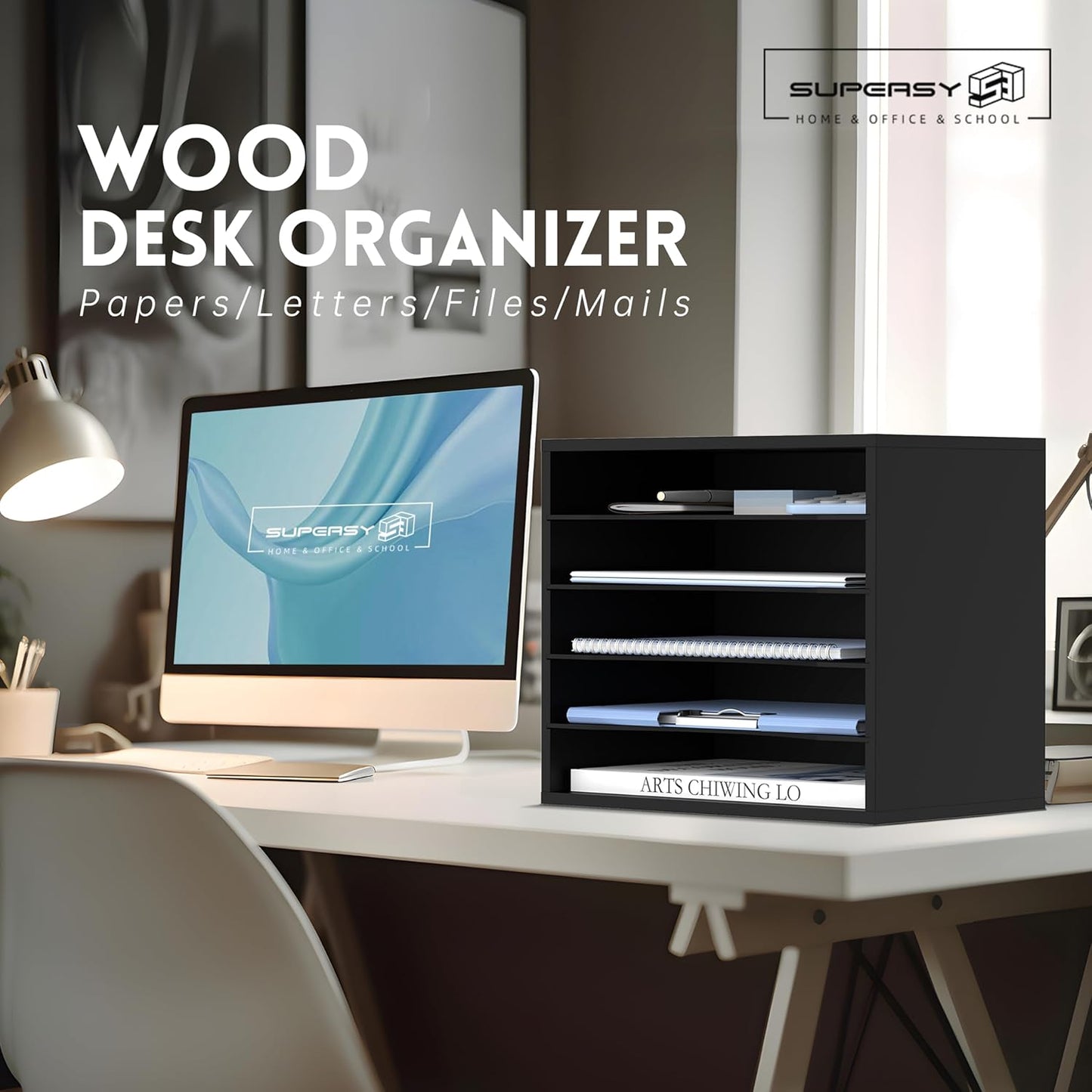 SUPEASY Wood Desk Organizer, 5 Tier Paper File Organizer for Desk, Wooden Desktop Organizer, Paper Letter Literature Mail Sorter, for Office School & Home Organization, Black