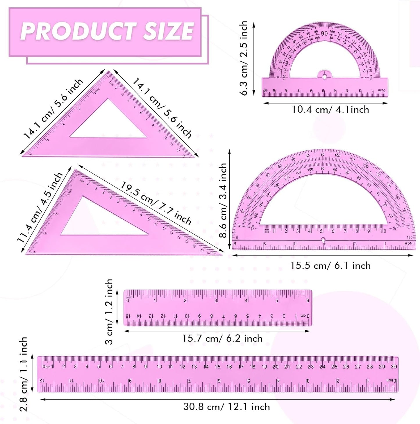 Tenare 6 Pcs Plastic Ruler Math Set Includes 12 Inch 6 Inch Straight Protractor Triangle Geometry Transparent Math Ruler Measuring Tools for School Office Home(Pink)
