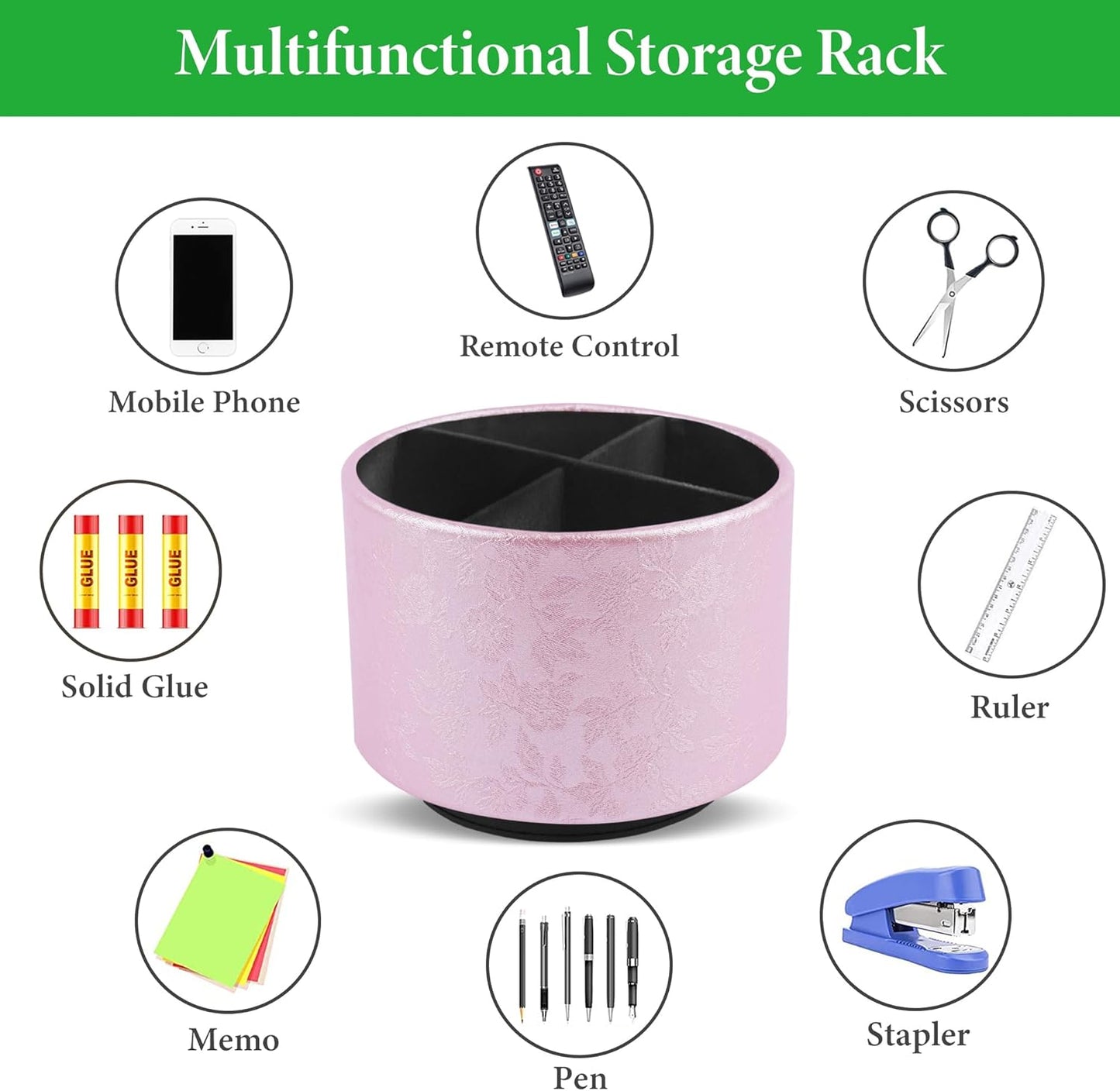lizimandu Round Leather Art Supply Organizer,Remote Control Holder,360 Degree Spinning,Multi-Functional Pencil Holder,4 Compartments Desktop Stationary Organizer(1-Liuli Pink)