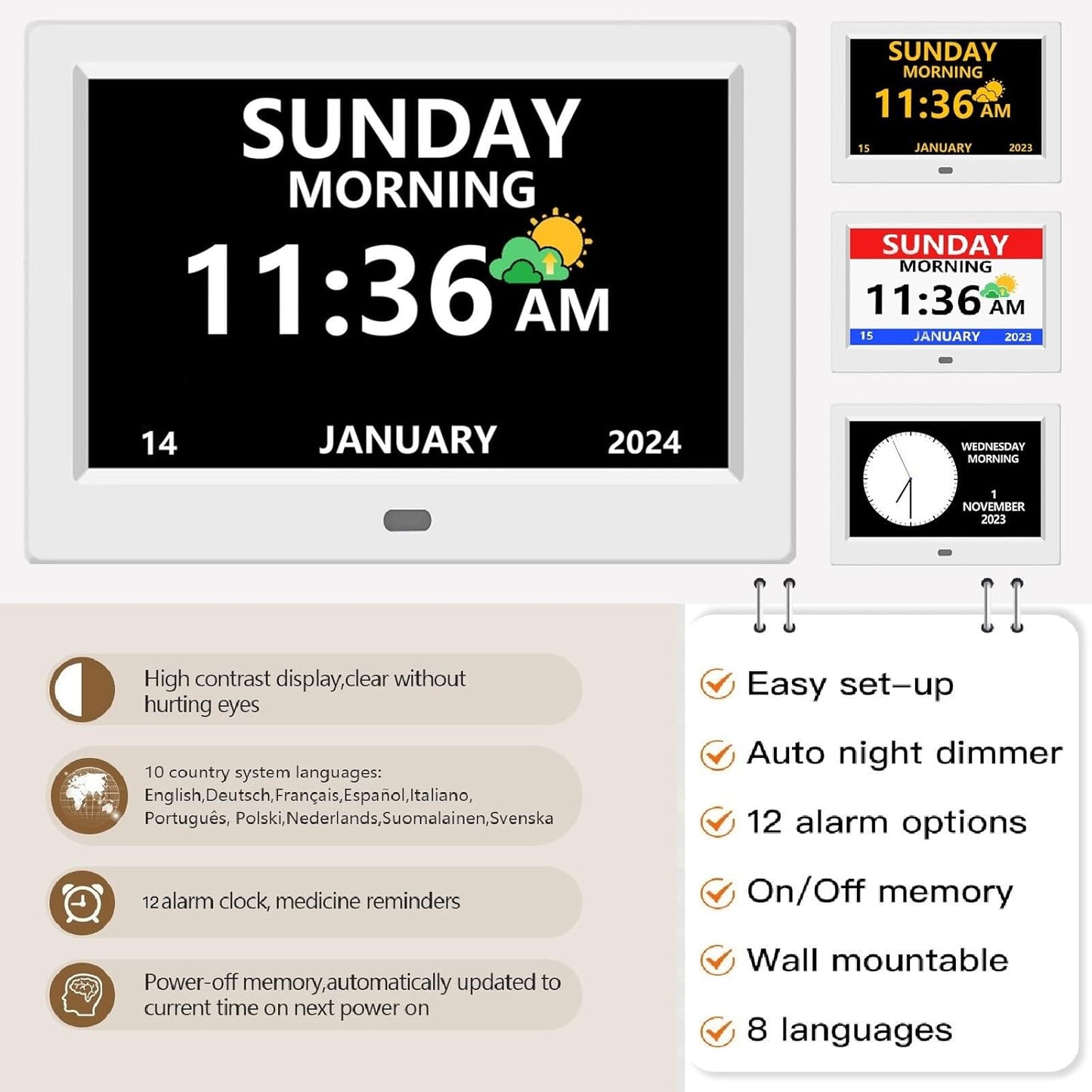 11 Inch Digital Clock with Day and Date for Elderly Alzheimer's Clock Customizable Alarms 3 Display Modes Large Font Alarm Clock for Seniors Auto DST