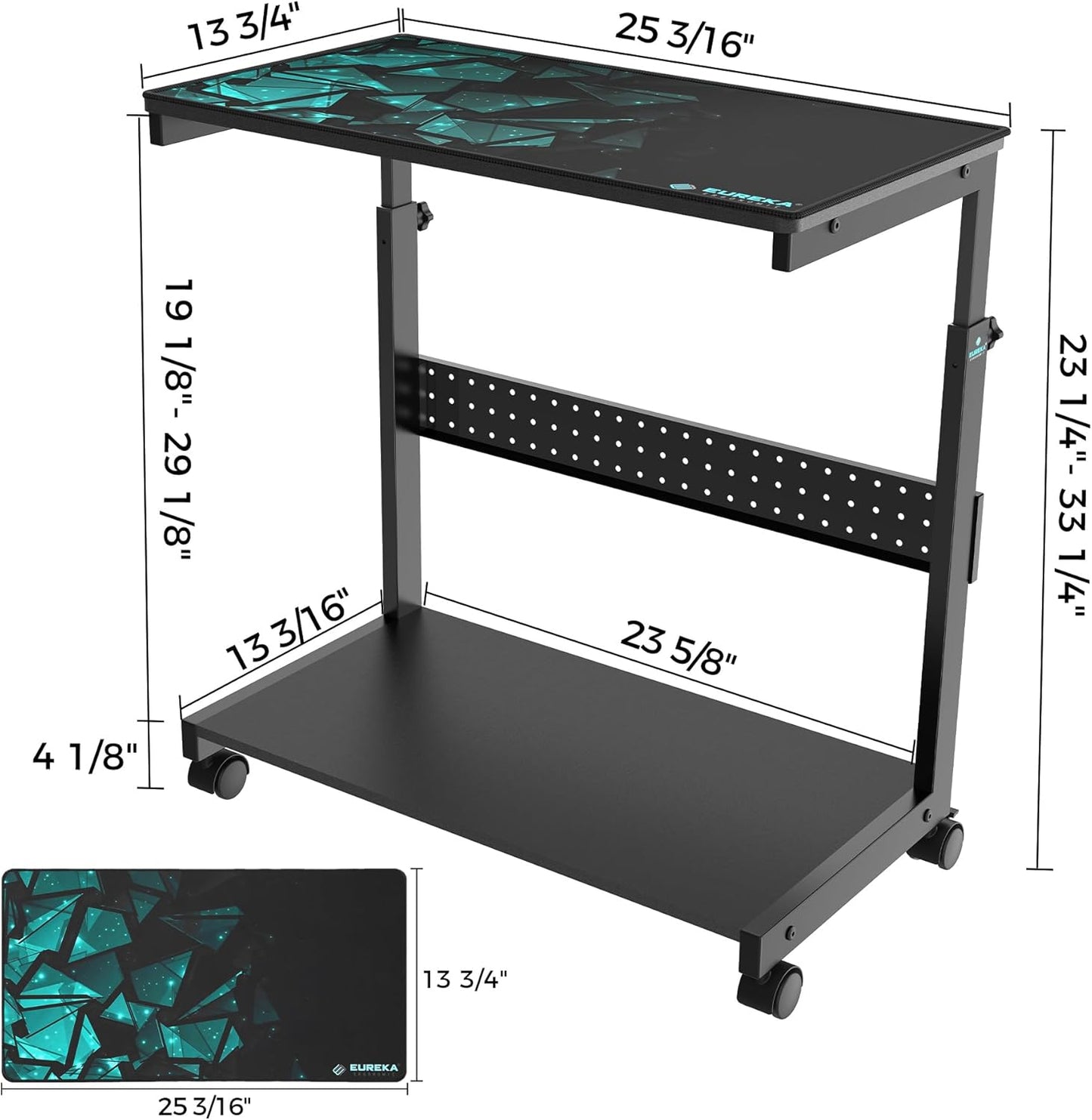 EUREKA ERGONOMIC PC Stand Computer Cart, Height Adjustable Tower Stand 2-Tier Suit for ATX Case Printer, Metal Rolling Cart on Wheels for Gaming Home Office, Black