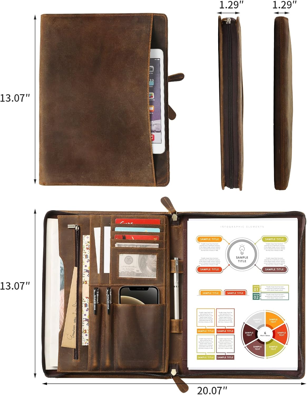 Ringsun Genuine Leather Portfolio with Zipper, Business Organizer for A4/Pad/Phone, Brown, RS63