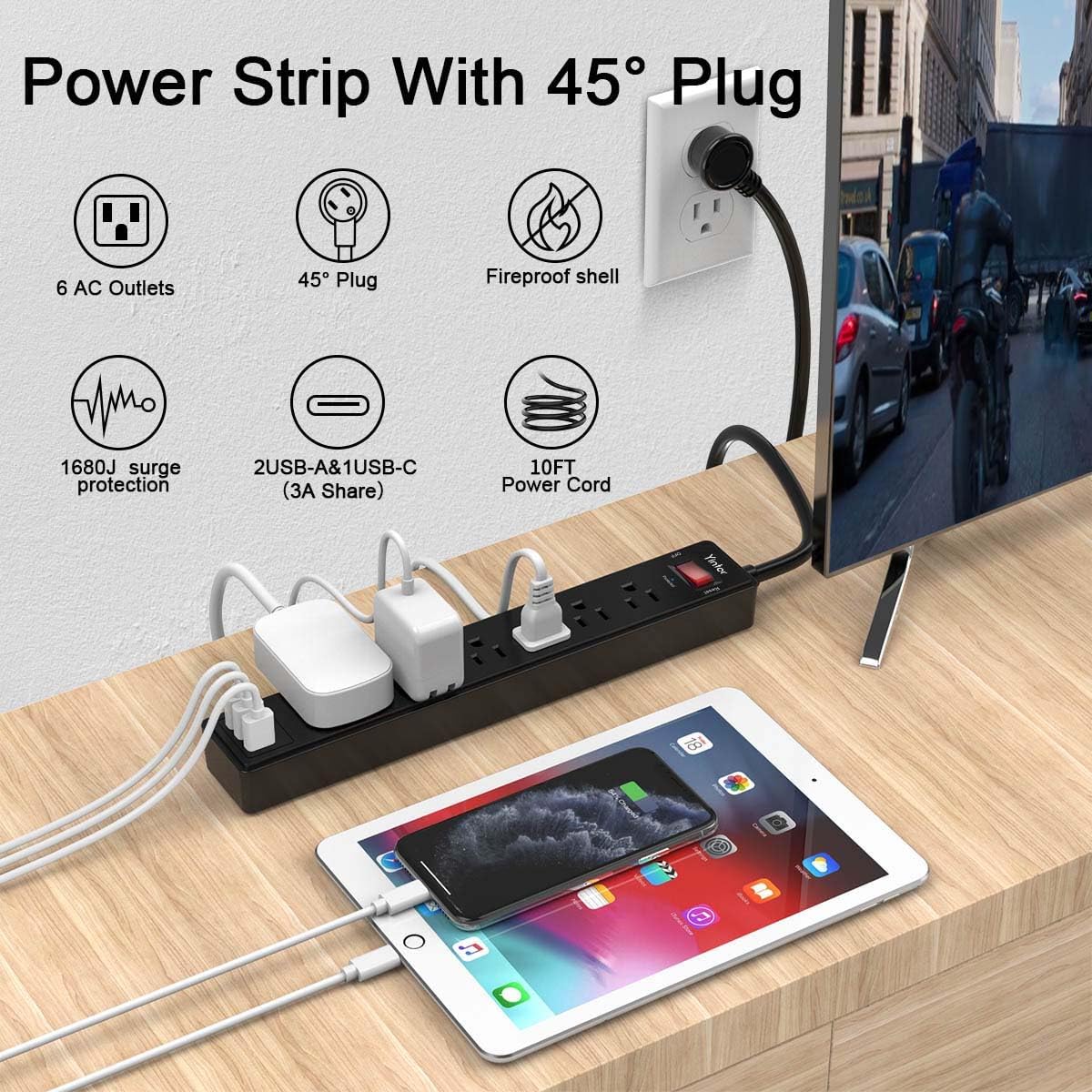 Surge Protector Power Strip (1680J) - Yintar 10Ft Extension Cord with 6 AC Outlets and 3 USB Ports(1USB C) for Home, Office, Dorm Essentials, ETL Listed, Black