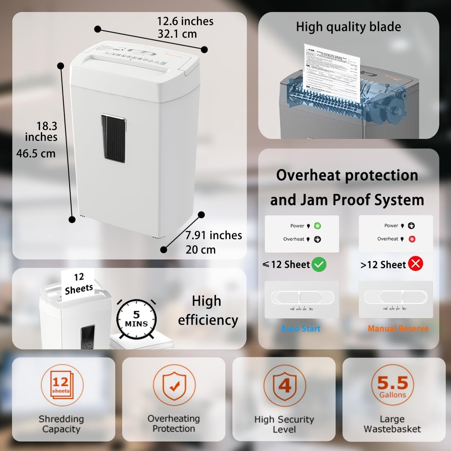 Bonsaii 12-Sheet Cross Cut Shredder, P-4 High Security Shredding, 5.5 Gal, Heavy Duty for Home Office, Shreds Paper, Credit Card, Mail, Staples, with Transparent Window, White