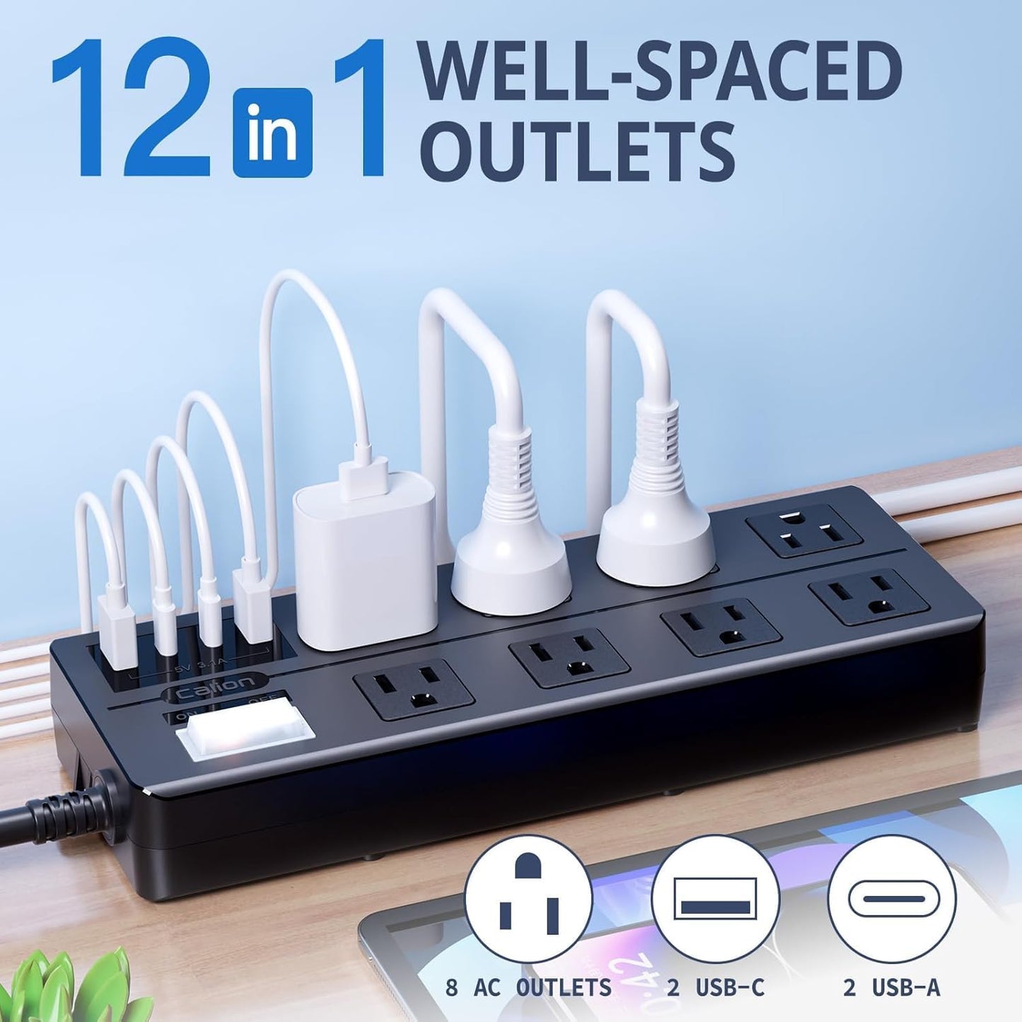 IPX6 Outdoor Power Strip Weatherproof, Waterproof Surge Protector with 8 Wide Outlet with 2A2C USB Ports, 10FT Long Extension Cord, Wall Mountable for Outside Decorations and More UL Listed(Black)