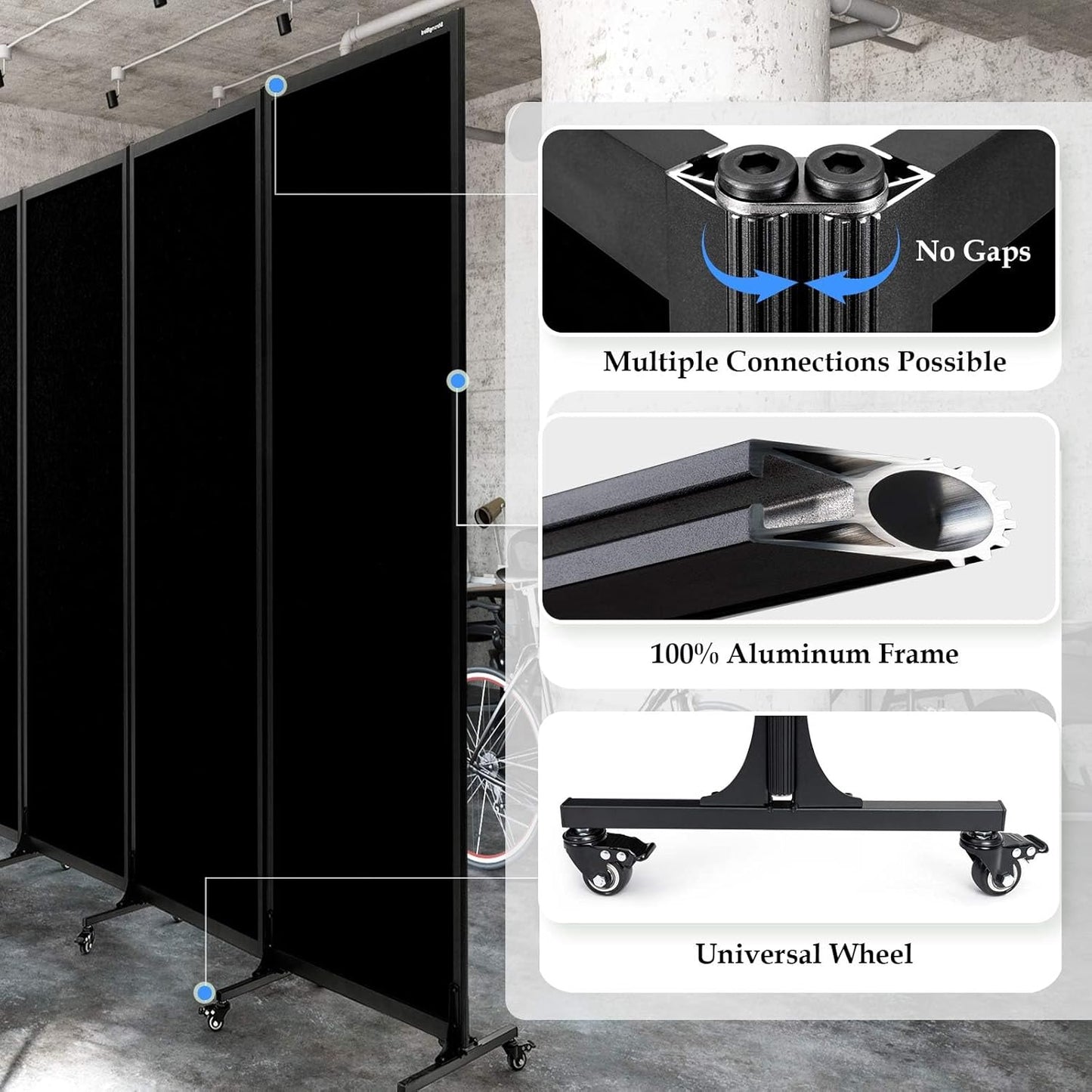 Upgrade Version Room Partition and Divider, Freestanding Rolling Dividers with Wheels,Office Privacy Screen Divider Wall,Classroom Felt Dividers,6'L* 6'7"H,3 Panel,Black