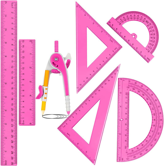 Zonon 1 Set Plastic Geometry Math Set 7 Pcs Includes 6'' / 4 '' Protractor, Drawing Compass, 45/60 Degree Triangle Rulers, 12'' / 6'' Math Ruler Transparent for Office Supplies(Pink)