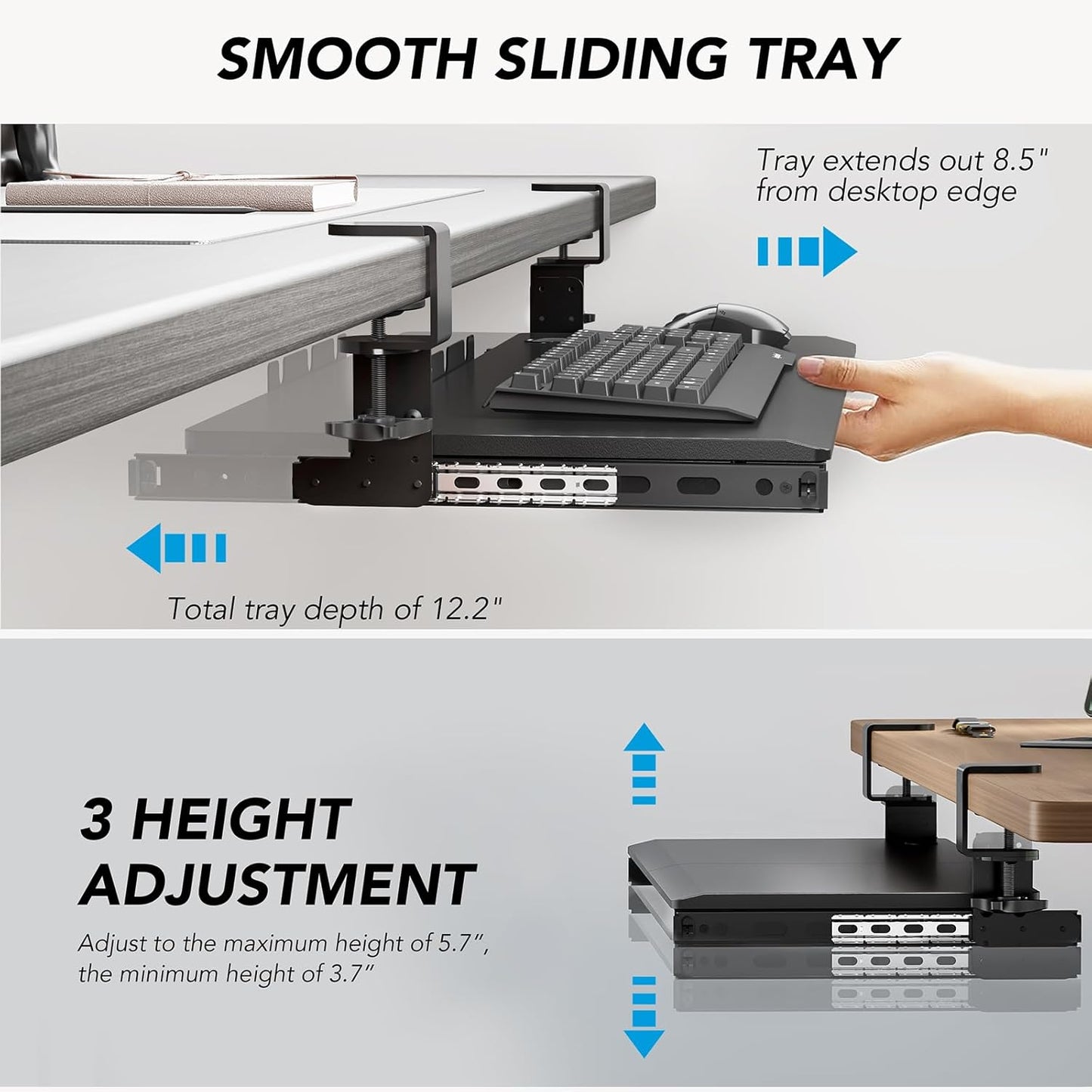 Keyboard Tray Under Desk Pull Out with Extra Sturdy C Clamp Mount System, 27.3 (32.5 inch Including Clamps) x 11 Inch Slide-Out Platform Computer Drawer for Typing Black AX01WB01