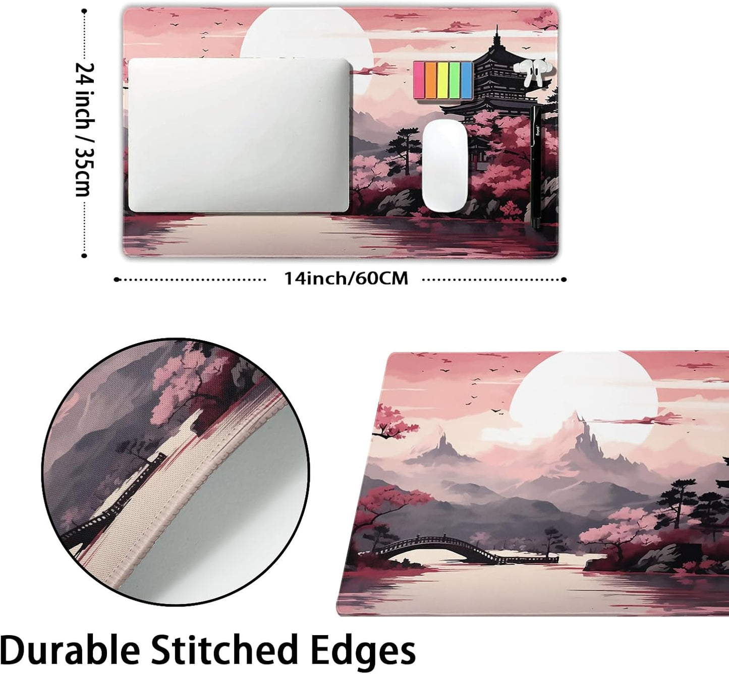 Pink Japanese Sakura Gaming Mouse Pad Large XL Cherry Blossom Tower Mountain Landscape Extended Desk Mat Big Mousepad Non-Slip Rubber Base Stitched Edge Long Desk Pad for Computer,24x14 in,60x35cm