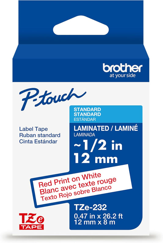 Brother Genuine P-Touch TZe Red Print on White Label Tape (TZe232), Laminated,1/2in x 26.2ft (12mm x 8m), for Select P-Touch Label Makers, Durable, Water-Resistant, Indoor/Outdoor Use