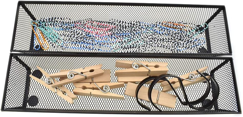 HAHIYO Stackable Mesh Tray Cup 12 x 3 x 2 inches Sturdy Container for Desk Drawer Organizer Collection for Home Office School kitchen Soft Foam Feet No Sharp Edges 2 Pack Black