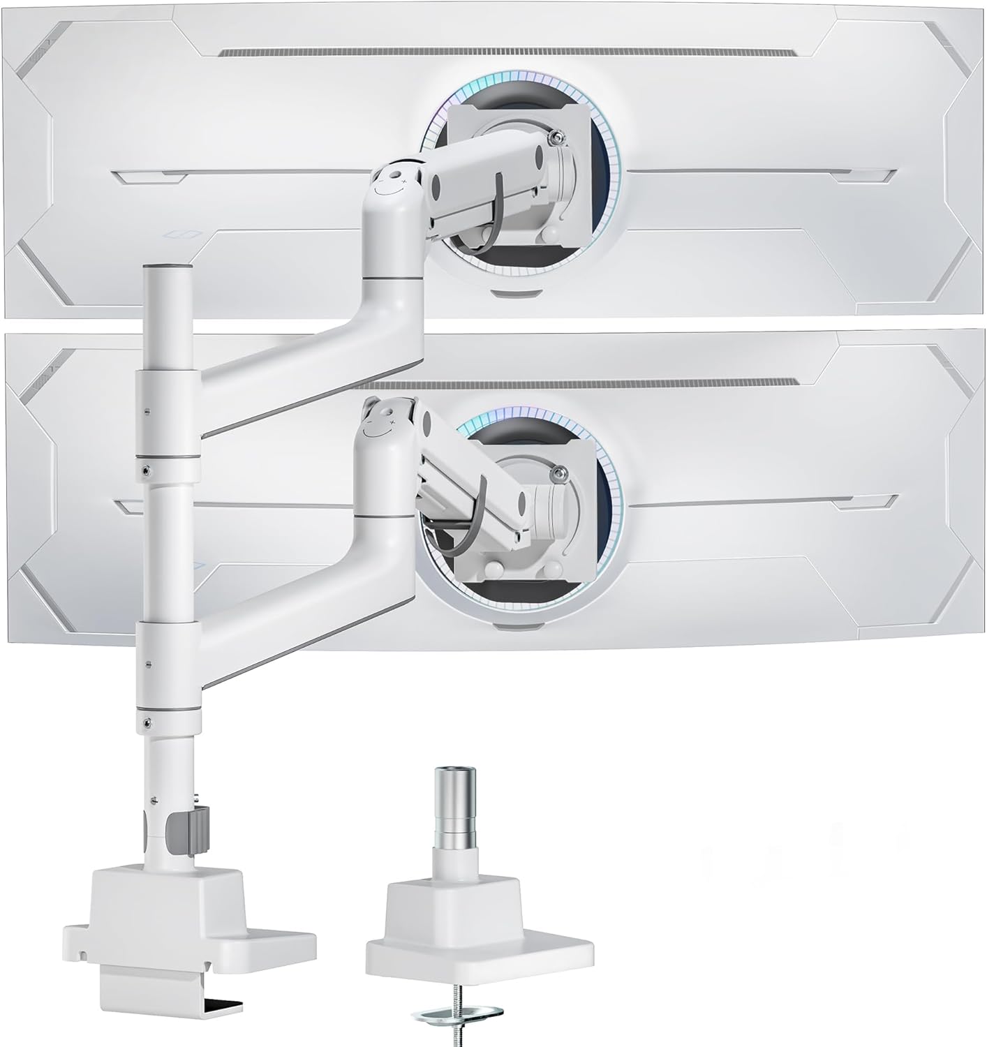 monTEK Dual Monitor Arm for up to 57" and 59.4 lbs Ultrawide Screen, Aluminum Heavy-Duty Gas Spring Vertical Stackable Curved Screen Adjustable Monitor Stand, 75/100mm Vesa Mount, White