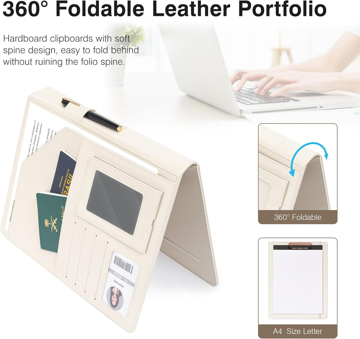 Ospelelf Foldable Clipboard Padfolio with Notepad 8.5 x 11, Faux Leather Business Clipboard Folio for Women Portfolio Organizer, Beige
