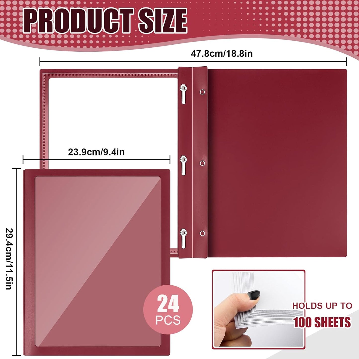 Teling 24 Pcs Report Covers with 3 Prong Fasteners Clear Front Presentation Folders Frame View Poly Report Folder Presentation Binder for Paper Document School Office (Dark Red)