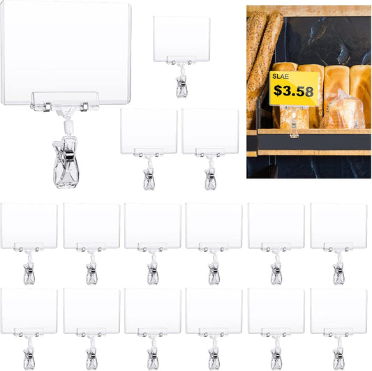 Mlici Clear Rotating Sign Holder with Clip, 16 PC Sign Clips POP Swivel Sign Holding Clamp for Retail Store Office, 4x6 Inch PVC Card Holder Protector for Merchandise Display Tags