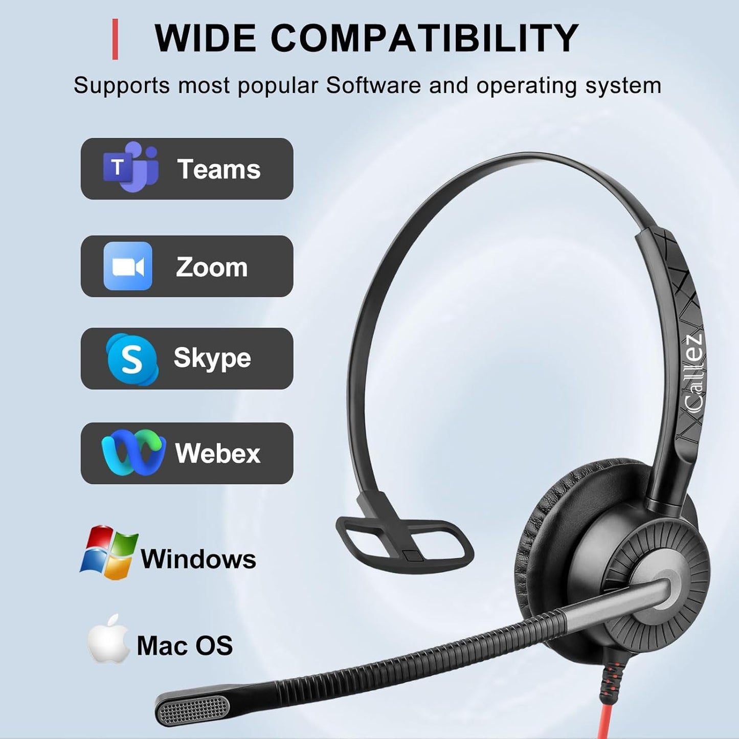 Callez USB Headset with Mic, Computer Headset with ENC Dual Noise Cancelling Microphone & MS Teams Call Button, Wired Mono Headphones for PC Laptop Mac Teams Zoom Home Office Work