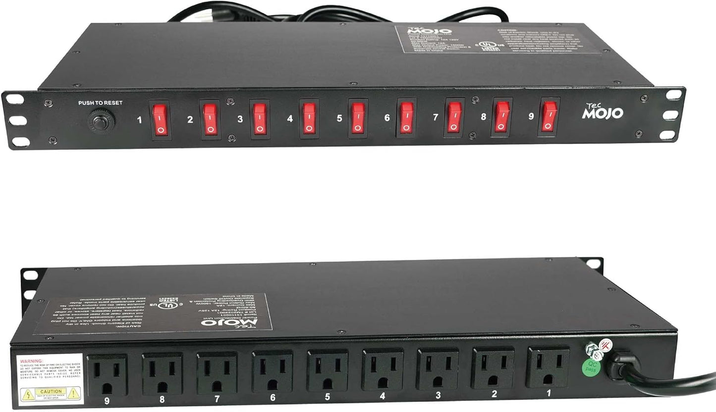 Tecmojo 9-Outlet Rack Mount Overloading Protection Circuit Breaker PDU Power Strip with Individual Switch 6ft Cord for IT and Network Racks and Cabinets