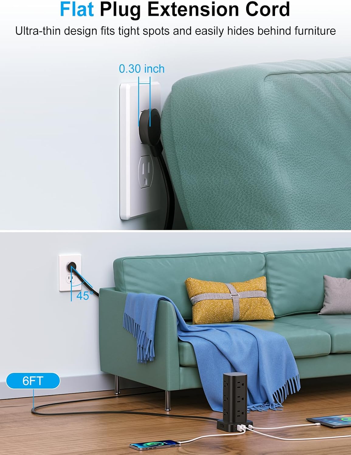 Power Strip Tower with Multiple Outlets, Flat Plug Surge Protector Tower Extension Cord with 12 AC Outlets 4 USB Ports (2 USB C), 6FT Cord Power Tower Surge Protector for Home Office Dorm Room, Black