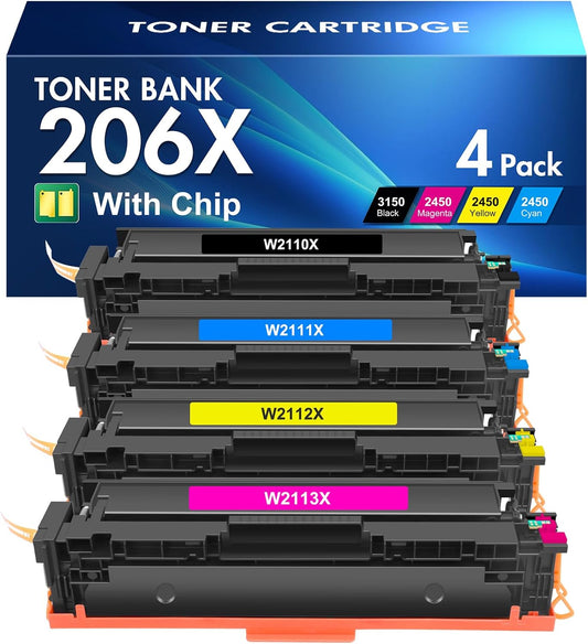 206X Toner Cartridges 4 Pack High Yield MFP M283cdw M283fdw Compatible for HP 206X 206A M255dw Color Laserjet Pro MFP M283fdw M283cdw M255dw M283 M255 Printer Ink (Black Cyan Yellow Magenta)