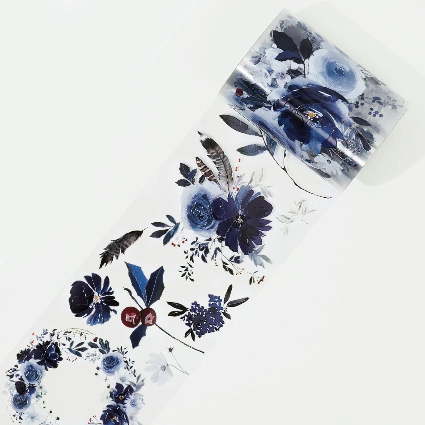 WT Winter Romance Wide PET Tape, 60mm Wide, Single Roll, Floral Decorative Paper Tape, Original Designs for Journaling, DIY Crafts, Planners, Scrapbooks, Card Decoration, Watercolor Blue Flowers