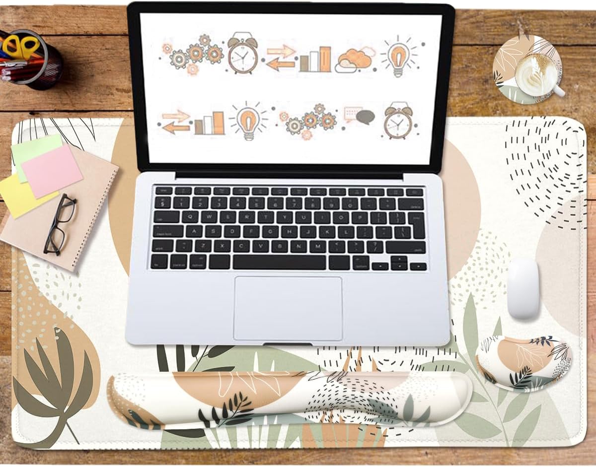 Keyboard Mouse Pad Set, Extended Mouse Pad+Keyboard Wrist Rest Support, Memory Foam Ergonomic Easy Typing, 4Pcs (35.4×15.7 in) Desk Pad Set for Home Office Study Game - Minimalist